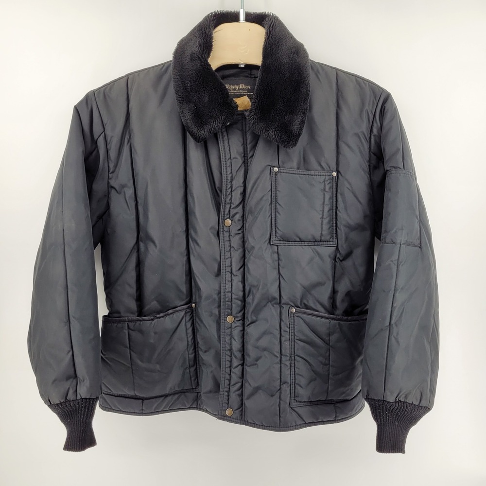 RefrigiWear Mens XXL Quilted Work Jacket Black Faux Fur Collar Insulated Mod 322